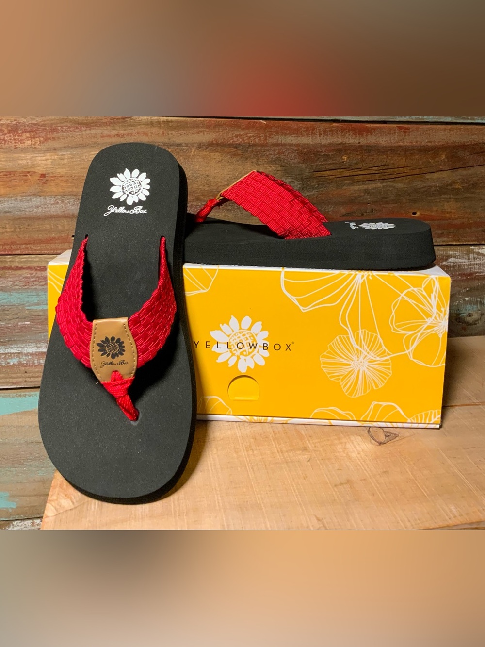 Yellow Box Red Woven Platform Flip Flops